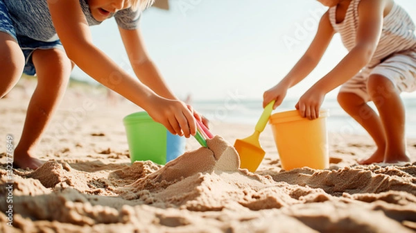 Fototapeta Close-up of children's hands playing with colored buckets and sand on the beach by the sea on summer day. The joyful atmosphere of a vacation by the ocean.
