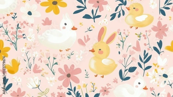 Fototapeta 61.Cute Bunny and Duckling in Spring Bloomy Flourish Garden Vector Seamless Pattern