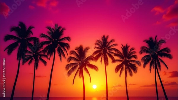 Fototapeta Silhouetted palm trees stand against a vibrant sunset sky, showcasing a gradient of orange to purple, creating a warm and inviting atmosphere of relaxation and tropical beauty.