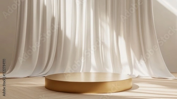 Fototapeta Elegant Minimalist Studio with White Drapes and Round Golden Platform
