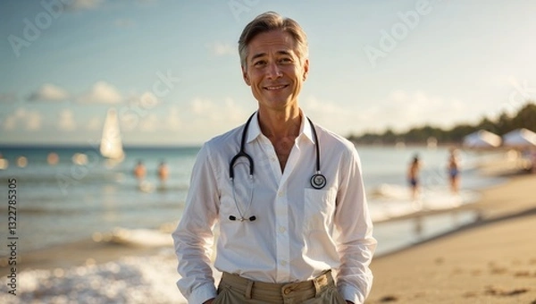 Obraz A smiling man in a white shirt with a stethoscope stands on a beach at sunset.