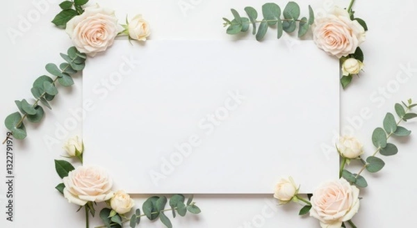 Fototapeta "A delicate white floral frame with soft pastel roses and eucalyptus leaves, surrounding a blank white space in the center, minimalist and elegant."