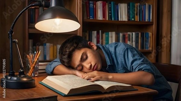 Fototapeta exhausted teenager falling asleep while studying late at night in a dimly lit library