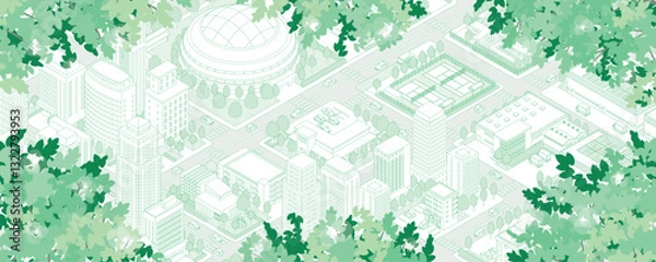 Obraz 新緑の街並みイラスト. アイソメ図.