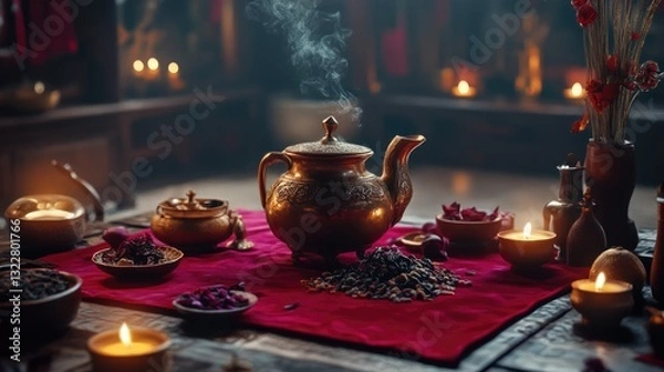 Fototapeta Golden Teapot and Aromatic Spices on a Red Tablecloth