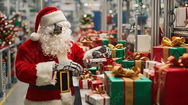 Fototapeta Robotic Santa Claus assembling gifts in a fully automated Christmas factory