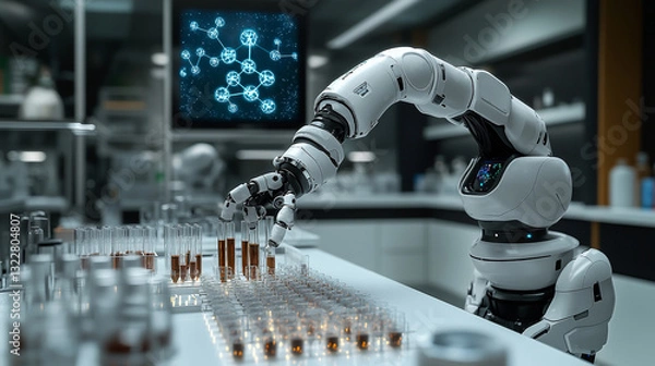 Fototapeta High-tech robotic arm performing automated chemical analysis in cutting-edge biotech lab.