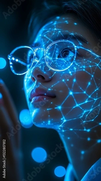 Fototapeta A woman with glasses and neural network projection on face