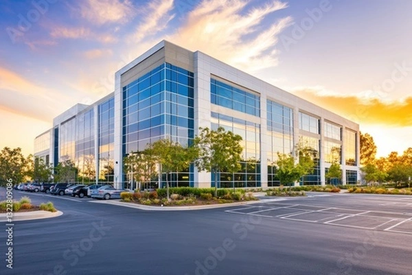 Fototapeta Modern office building at sunset.  Spacious parking lot