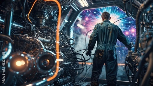 Obraz A technician in a futuristic spacecraft, surrounded by machinery and a cosmic backdrop.