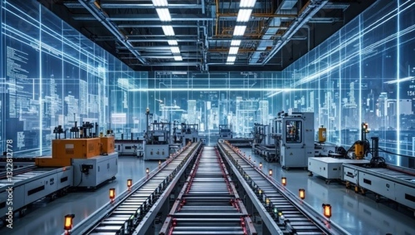 Obraz A high-tech industrial facility with automated machinery and digital overlays.
