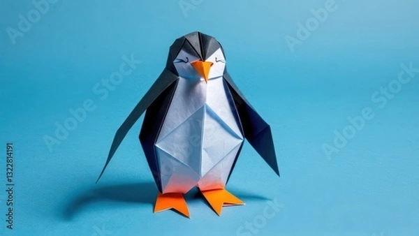 Fototapeta  a charming origami penguin adding a playful touch to a serene blue backdrop