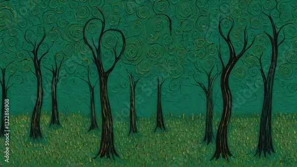 Fototapeta  A surreal forest scene with swirling patterns and vibrant greens