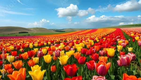 Obraz Vibrant Tulip Field Under Blue Sky with Rolling Hills in Daylight