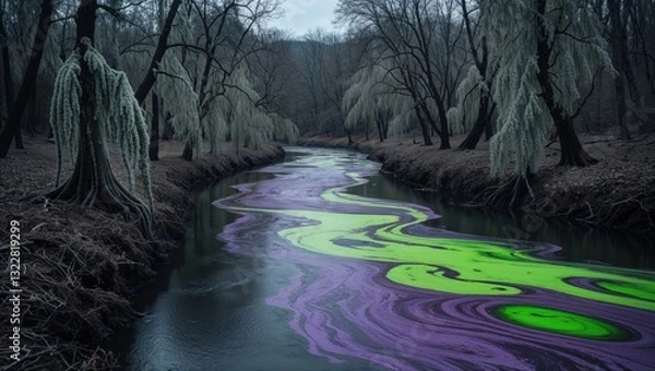 Obraz A surreal river with vibrant green and purple hues, surrounded by leafless trees.