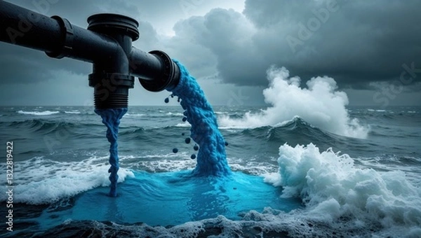 Obraz A pipe discharges blue liquid into turbulent ocean waves under a moody sky.