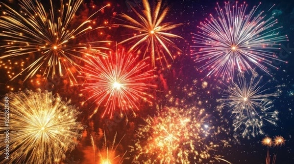 Obraz Vibrant Fireworks Display Lighting Up the Night Sky in Celebration