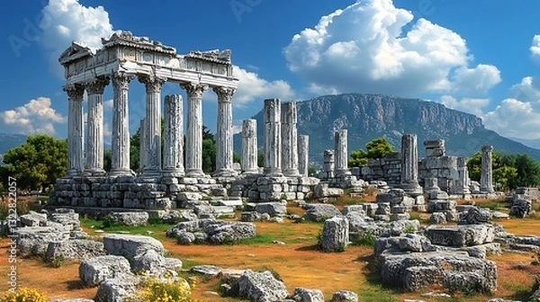 Fototapeta Ancient ruins featuring columns in front of a mountain range
