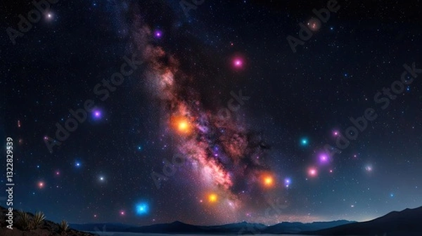 Fototapeta Dark sky concept. A stunning view of the galaxy with bright stars and colorful cosmic lights at night.