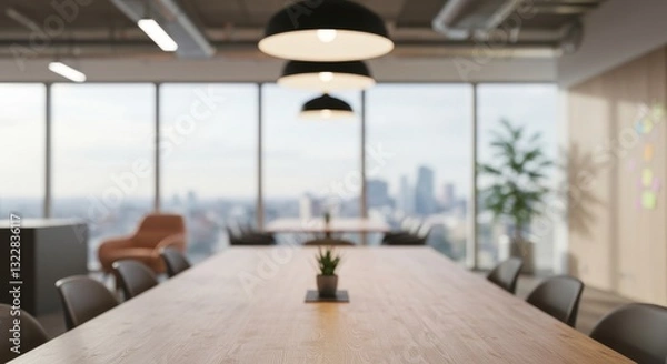 Fototapeta Business modern office open space with wooden table bokeh background blurred interior with panoramic windows and beautiful lighting