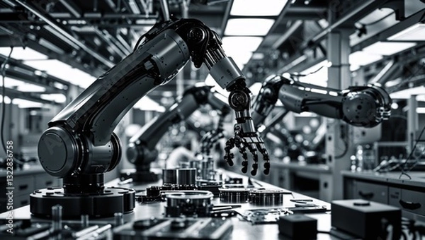 Fototapeta Robotic arms working on a production line in an industrial setting.