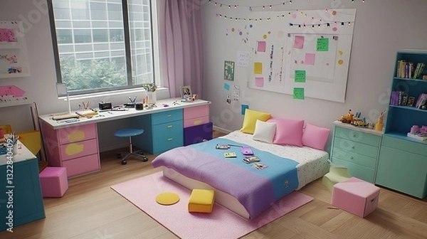 Fototapeta Girl's bedroom, pastel decor, city view, creative mess, design