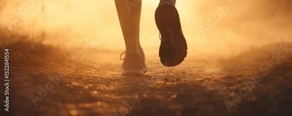 Obraz Person running on a dusty path illuminated by the sunlight