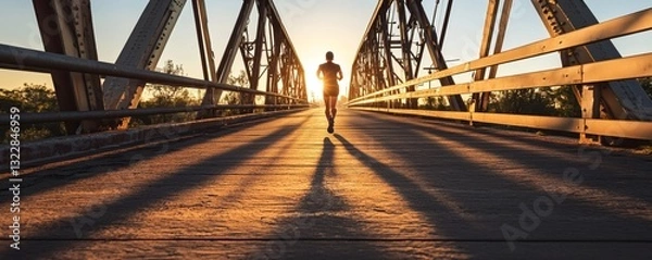 Obraz A single runner moving across a bridge at sunset or sunrise