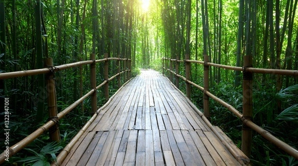Fototapeta Walking on Bamboo Bridge Through Lush Green Forest with Sunlight