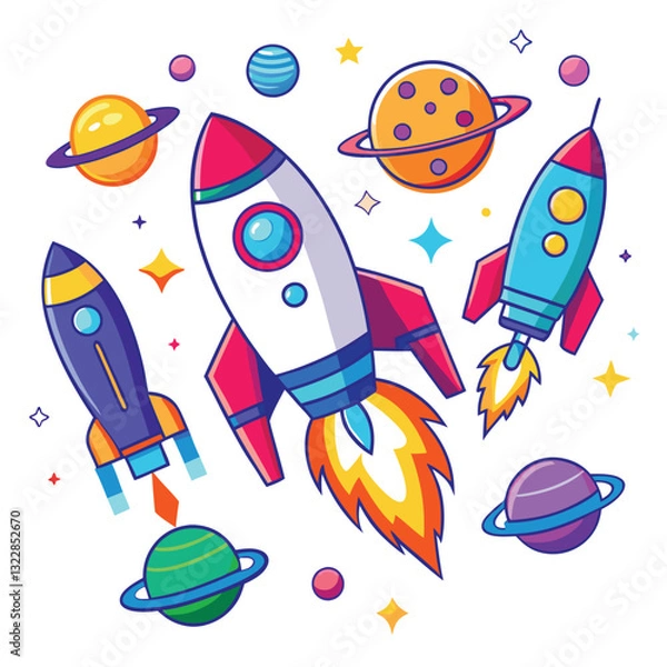 Fototapeta A cartoon drawing of a rocket with the moon and stars