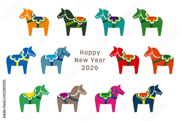 Obraz カラフルで可愛い北欧風の馬のアイコンを並べた、2026年午年の年賀状
