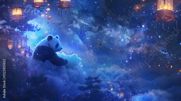 Fototapeta Panda sitting on a floating cloud under a starry sky