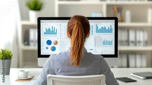 Fototapeta Data Engineer concept. Experienced data analyst reviewing comprehensive financial analytics dashboard on dual computer screens