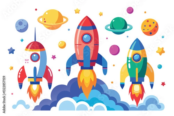 Fototapeta A cartoon rocket ship blasting off into space on a white background