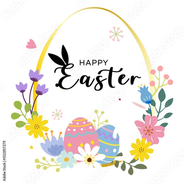 Obraz Easter title design with Easter eggs, beautiful flowers and bunny