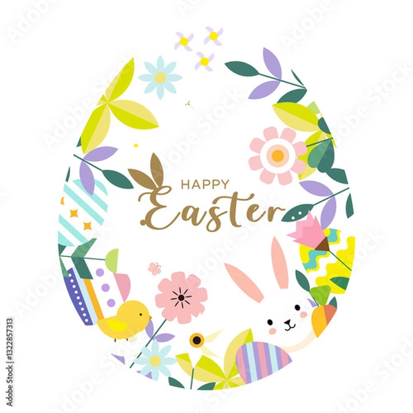 Obraz Easter title design with Easter eggs, beautiful flowers and bunny