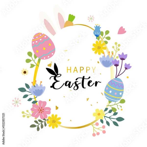 Obraz Easter title design with Easter eggs, beautiful flowers and bunny