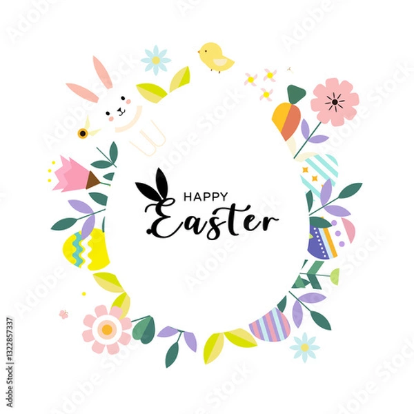 Obraz Easter title design with Easter eggs, beautiful flowers and bunny