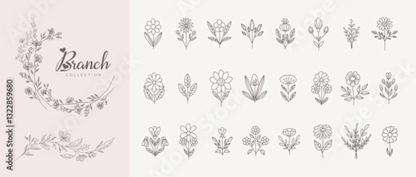 Fototapeta Botanic set of detailed various flowers. Luxury vintage floral collection for wedding invitation, wallpaper art or save the date card. Botanical vector