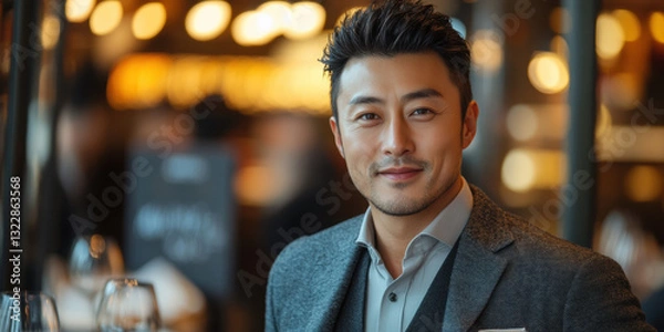 Fototapeta Business meeting with a confident male professional in a modern restaurant setting close-up lifestyle concept