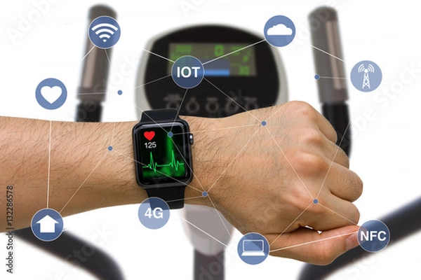 Fototapeta Smart Watch Monitoring Heart Rate Application Concept While Exercising with Elliptical Machine