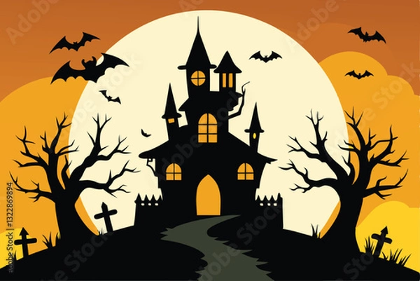 Fototapeta Halloween illustration. Haunted house under full moon with trees and graveyard for Halloween night