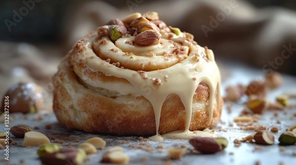 Fototapeta Close-up of a Delicious Cinnamon Roll with White Glaze and Nuts