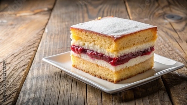 Fototapeta Classic English cake with layered sponge cake and raspberry jam filling, cut into a square shape with a clean edge, sitting on a white plate on a wooden table, raspberry jam, tea time