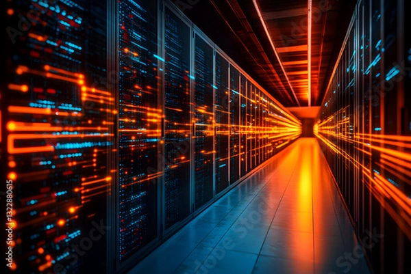 Fototapeta Futuristic server room corridor, glowing data streams, vibrant orange and blue hues, digital technology, data center infrastructure.