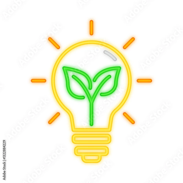 Obraz A vibrant neon illustration of a glowing yellow lightbulb containing a green sprout, symbolizing eco-friendly innovation, sustainability, and renewable energy
