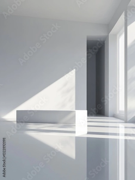 Fototapeta Minimalistic white pedestal under natural window sunlight in modern architecture setting background