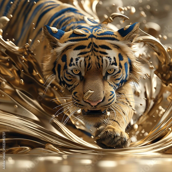 Obraz Tiger Dreams: A Close-Up of a Tiger's Face Fused with Golden Ornaments and Intricate Patterns.