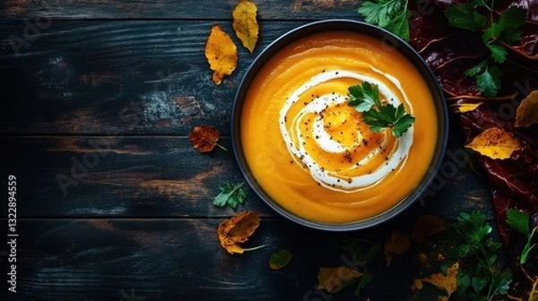 Fototapeta Creamy Pumpkin Soup with Autumnal Garnish