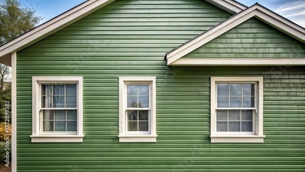 Fototapeta Exterior of a house with three windows and green siding